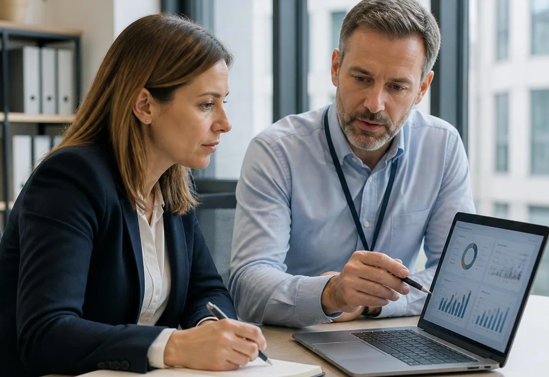 Medewerkers controleren digitale bezoekerslogs als voorbereiding op een audit.