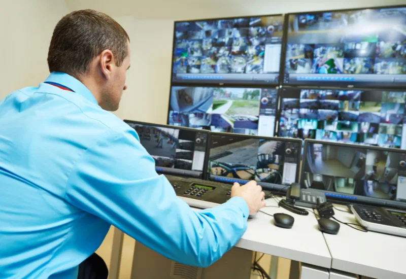 Security manager monitoring multiple CCTV screens in a control room, ensuring the safety and security of the premises through advanced surveillance systems.