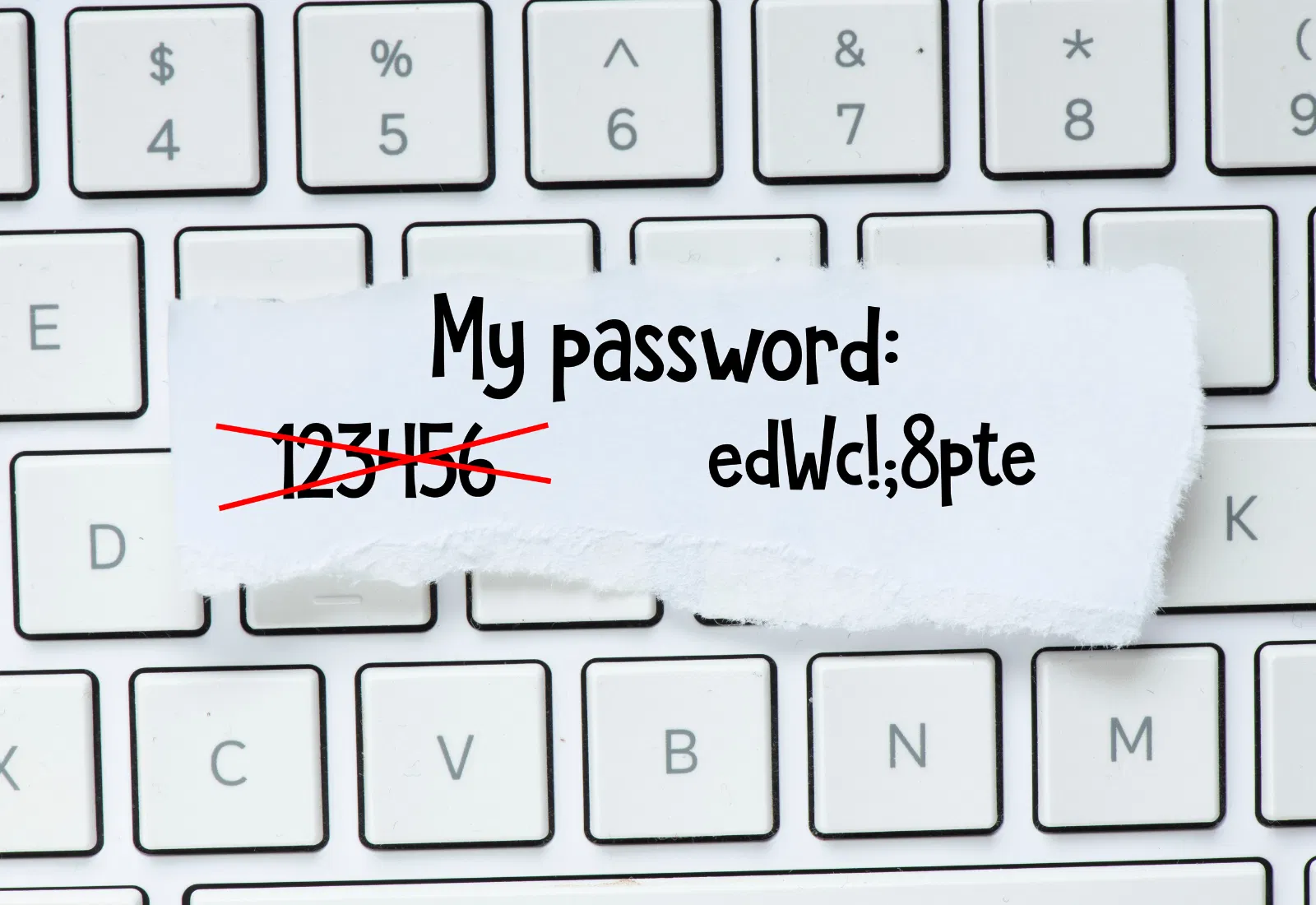 Papel sobre un teclado en el que se lee «Mi contraseña:» con la contraseña débil «123456» tachada y sustituida por la contraseña fuerte «edWc!;8pte».
