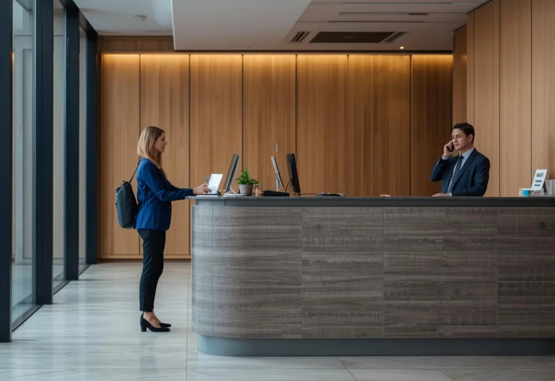 A visitor checks in digitally on a tablet at a modern reception desk.