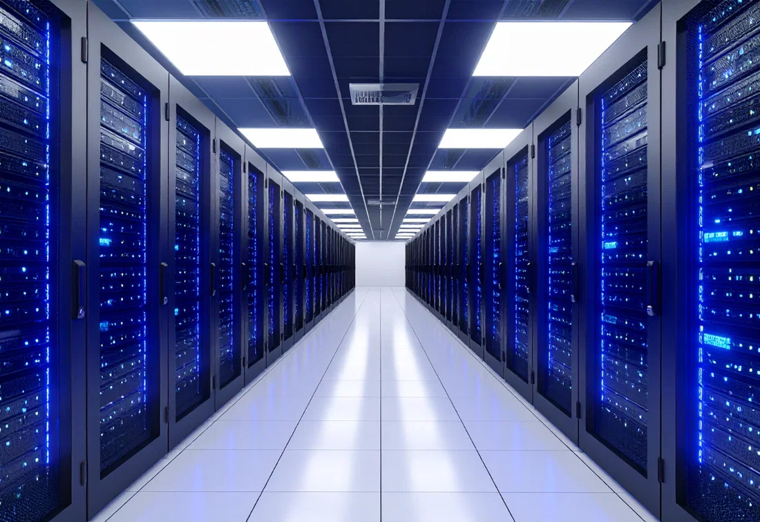Server racks in a data center where personal data is stored digitally.